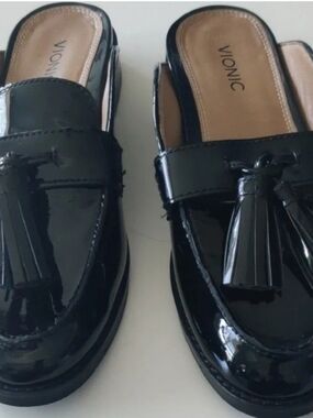 Vionic Womens 7 Black Patent Leather Slip In Mule New...